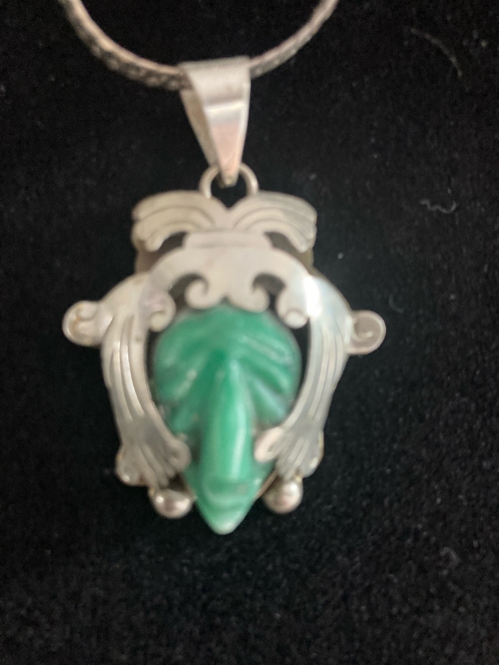 Mexico Taxco Maya man Green Jade Carved Stone Pendant Necklace in Silver Setting